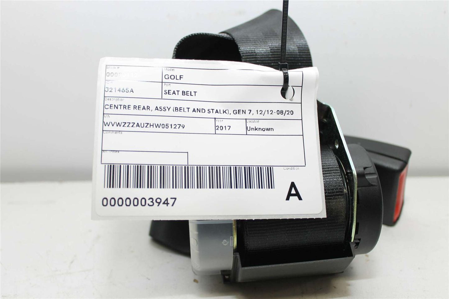 Used Volkswagen, Golf Seat Belt Centre Rear Assy (Belt And Stalk) Gen 7 12/12 08/20 2017 – image 1 - All Good Parts