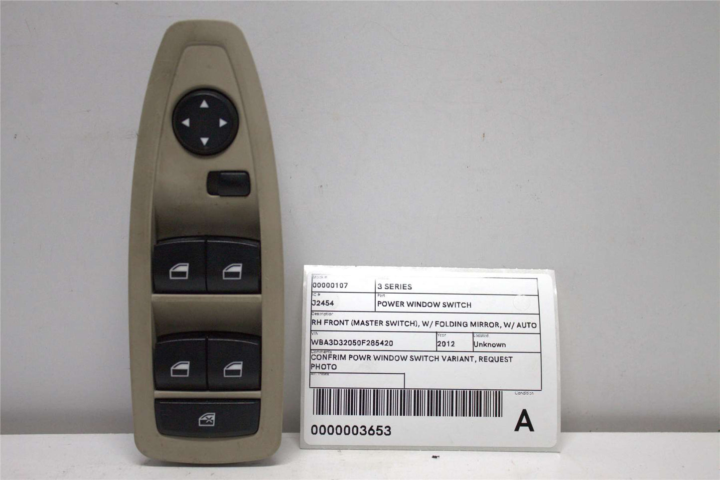 BMW, 3 Series Power Window Switch Rh Front (Master Switch) Non Folding Mirror W/ Auto Dip W/ Sun Blind Button Type F30 Sedan 11/11 02/19