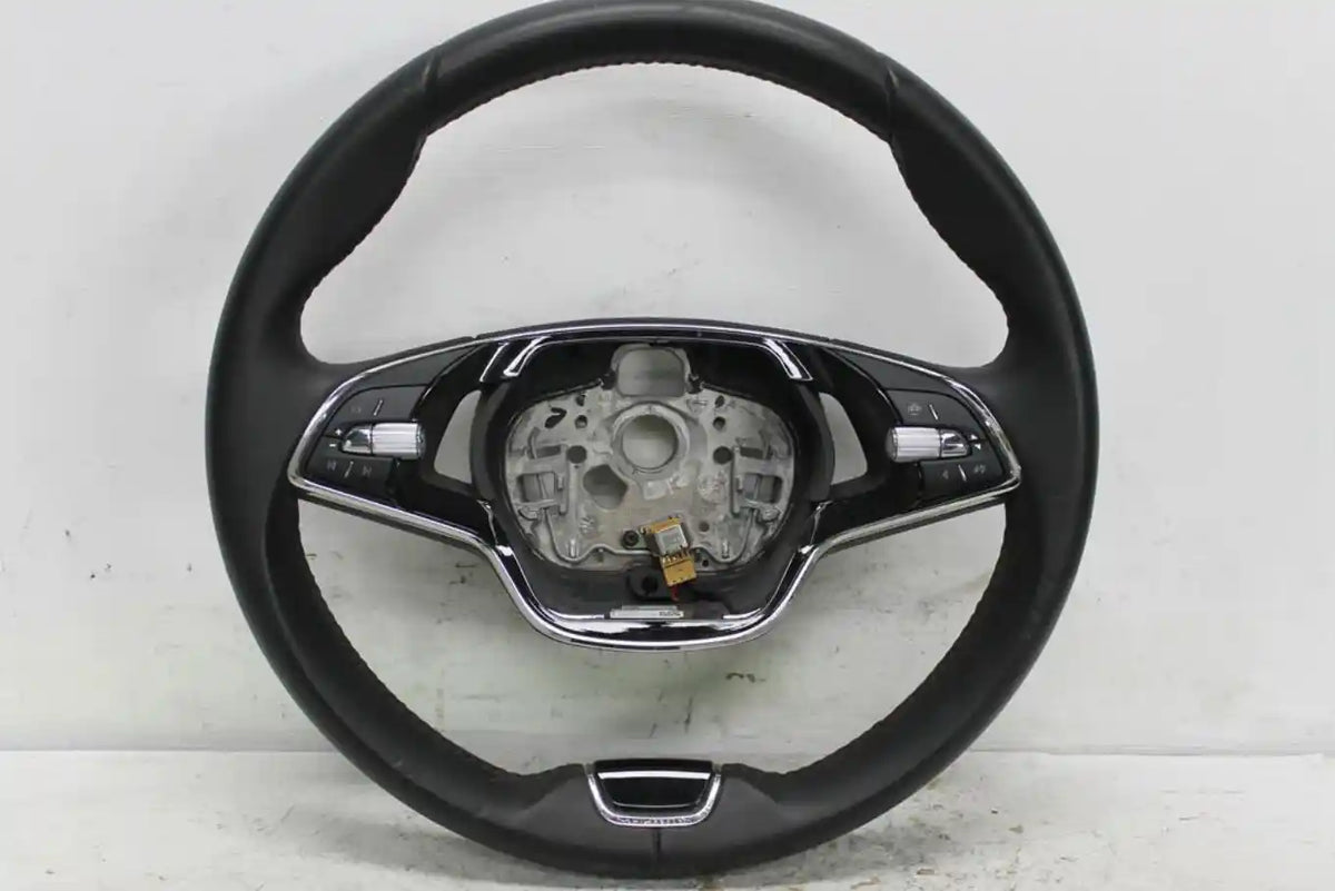 Used Skoda, Fabia Steering Wheel Nj 3 Spoke Leather Non Dotted Type W/ Black Stitch Black Audio Control Type 01/15 08/21 2020 – image 1 - All Good Parts